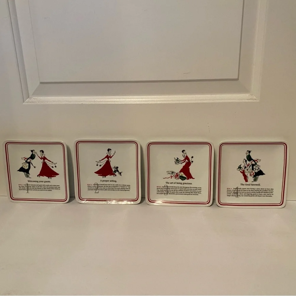 WILLIAMS-SONOMA PARTY ETIQUETTE PLATES SET OF 4 CANAPÉ APPETIZER WHITE RED HOME